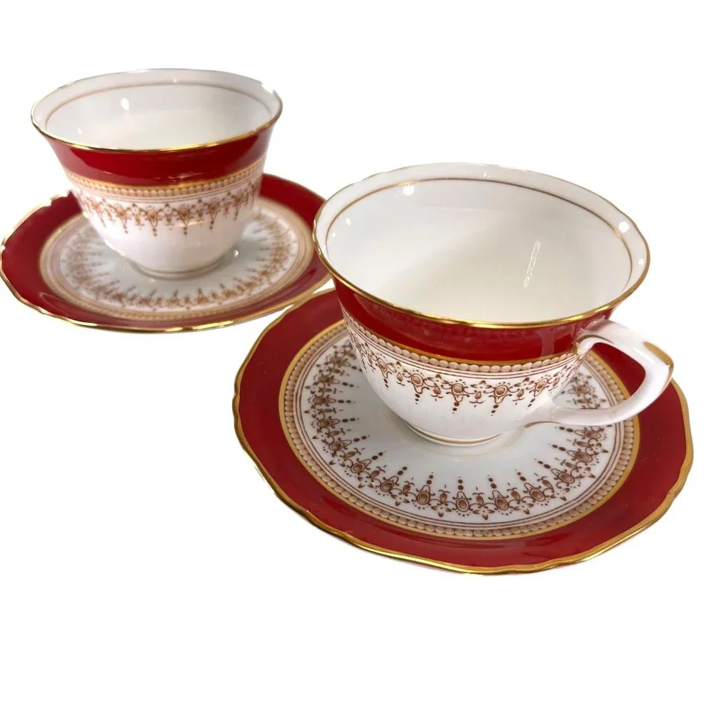 Vtg Royal Worcester Red Regency Tea Cup Saucer Set Of 2 Gold Trim England - Picture 2 of 15